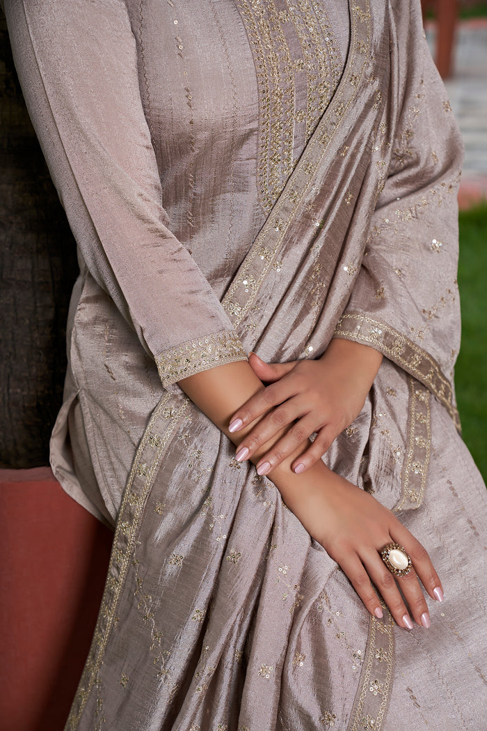 The52 Women's Gorgeous Vichitra Silk Embroidery Straight Kurta with Pant and Dupatta Set | Grocsy