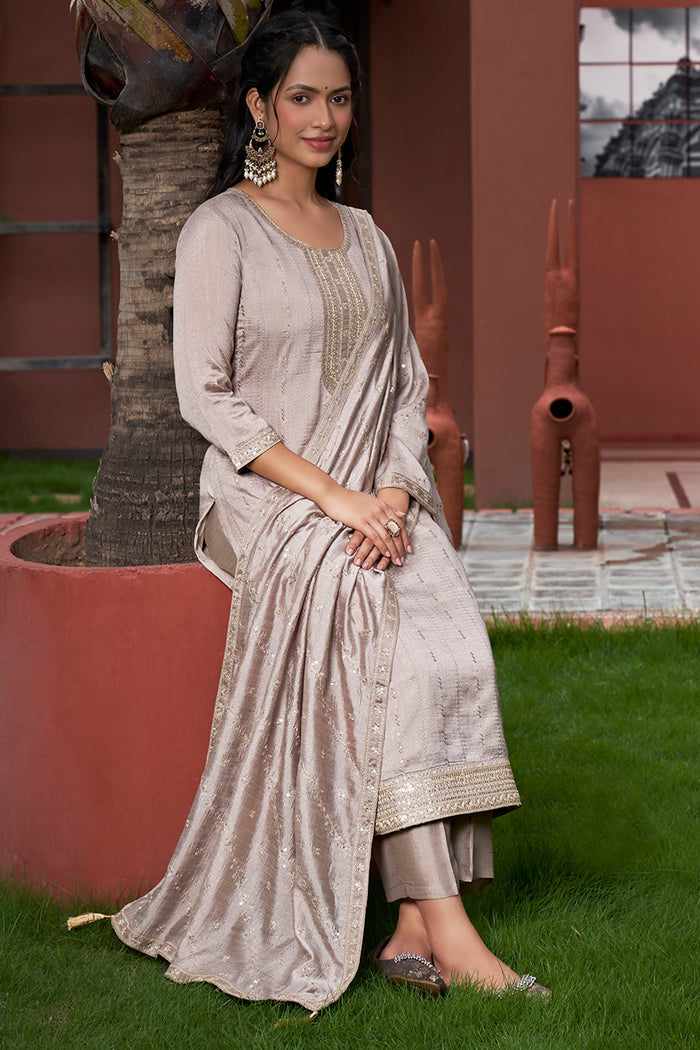 The52 Women's Gorgeous Vichitra Silk Embroidery Straight Kurta with Pant and Dupatta Set | Grocsy