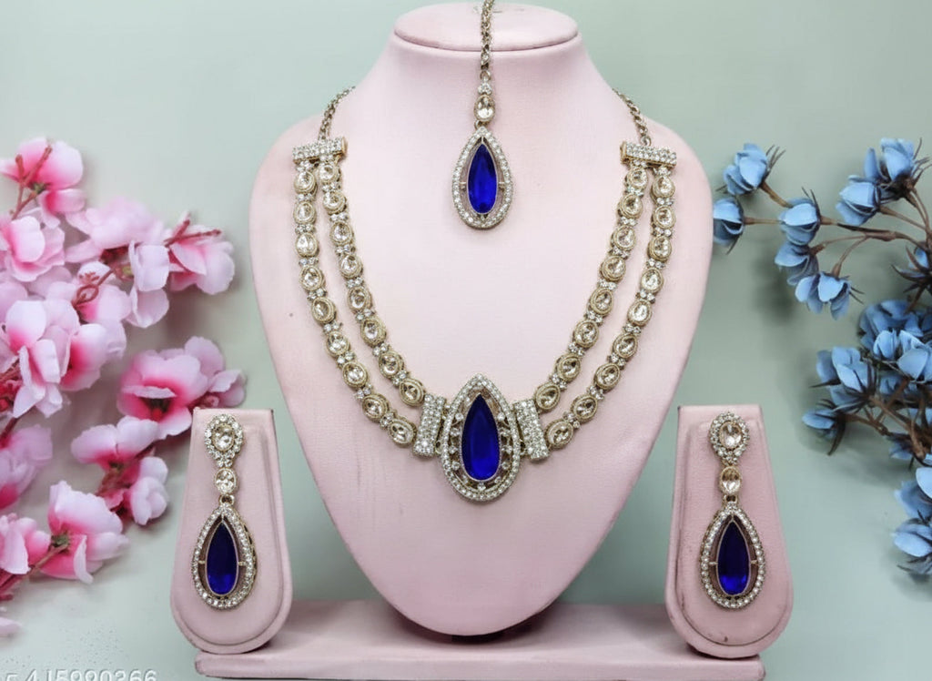 Jewel City Teardrop Bridal Necklace Set with Earrings & Maang Tikka - Ethnic Wedding Jewelry for Brides & Parties | Grocsy