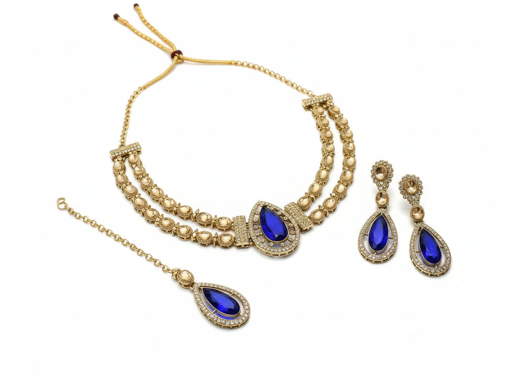 Jewel City Teardrop Bridal Necklace Set with Earrings & Maang Tikka - Ethnic Wedding Jewelry for Brides & Parties | Grocsy