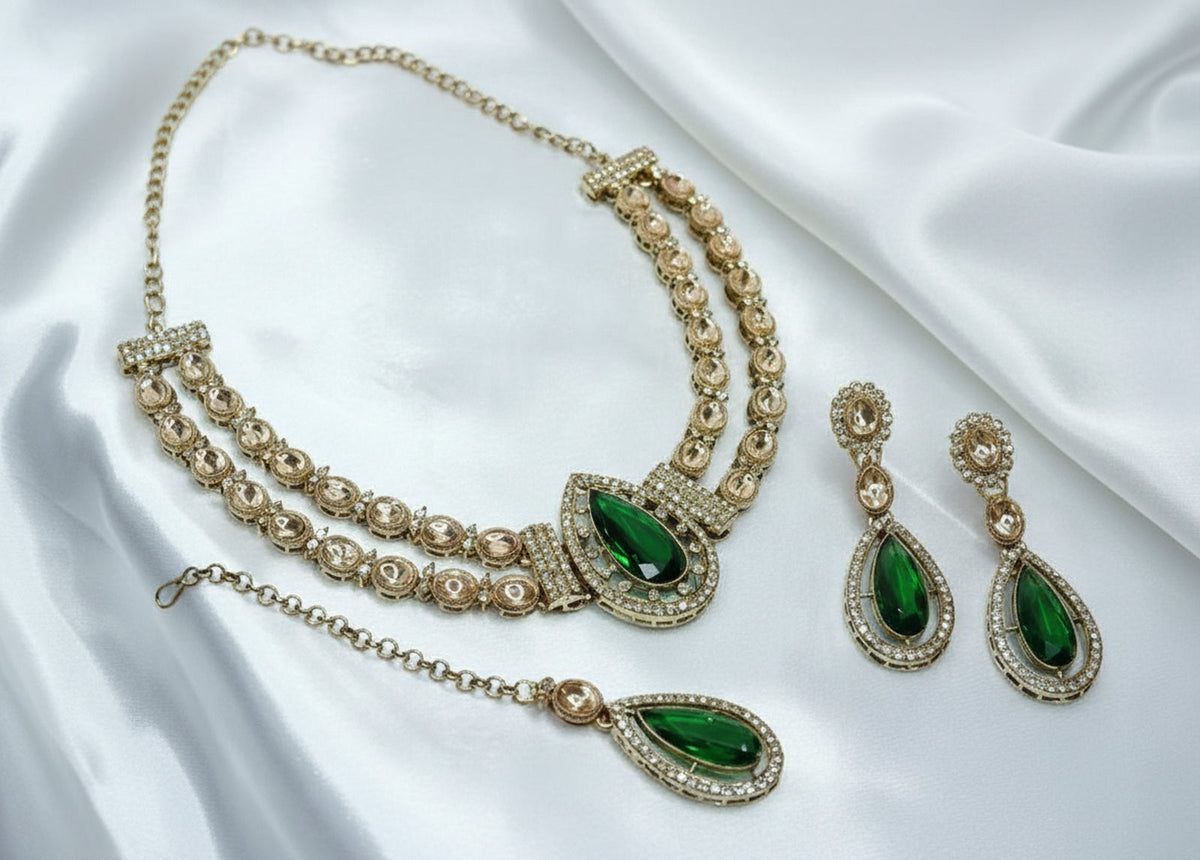 Jewel City Teardrop Bridal Necklace Set with Earrings & Maang Tikka - Ethnic Wedding Jewelry for Brides & Parties | Grocsy