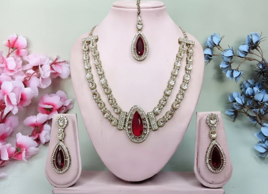 Jewel City Teardrop Bridal Necklace Set with Earrings & Maang Tikka - Ethnic Wedding Jewelry for Brides & Parties | Grocsy