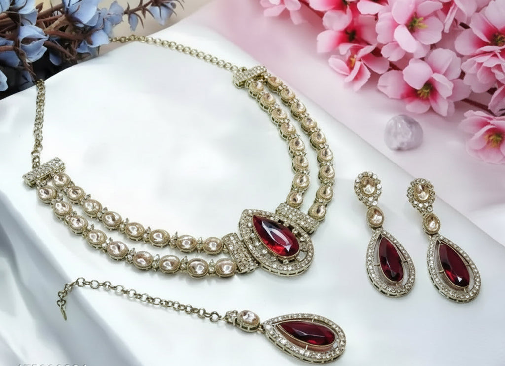 Jewel City Teardrop Bridal Necklace Set with Earrings & Maang Tikka - Ethnic Wedding Jewelry for Brides & Parties | Grocsy