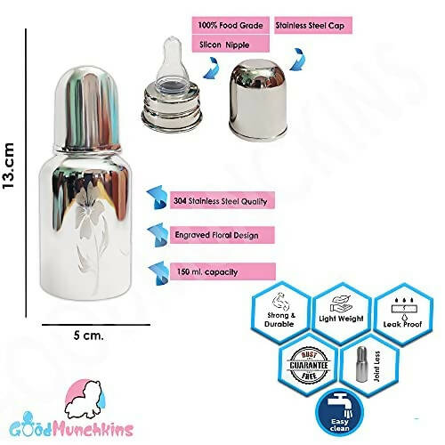 Goodmunchkins Stainless Steel Feeding Bottle Joint Less 304 Grade No Joints BPA Free for New Born Baby/Toddlers/Infants-140ml | Grocsy