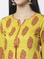 Myshka Women Yellow Pure Cotton Printed 3/4 Sleeve Round Neck Kurta | Grocsy