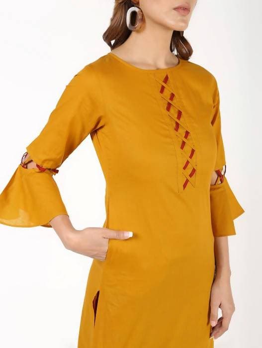 Aniyah Cotton Criss Cross Bell Sleeves Straight Mustard Color Kurta (AN-146K) | Grocsy