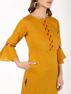 Aniyah Cotton Criss Cross Bell Sleeves Straight Mustard Color Kurta (AN-146K) | Grocsy