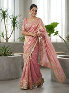 Joban Fashion Pink Fandy Satin Silk Party Wear Sarees | Grocsy