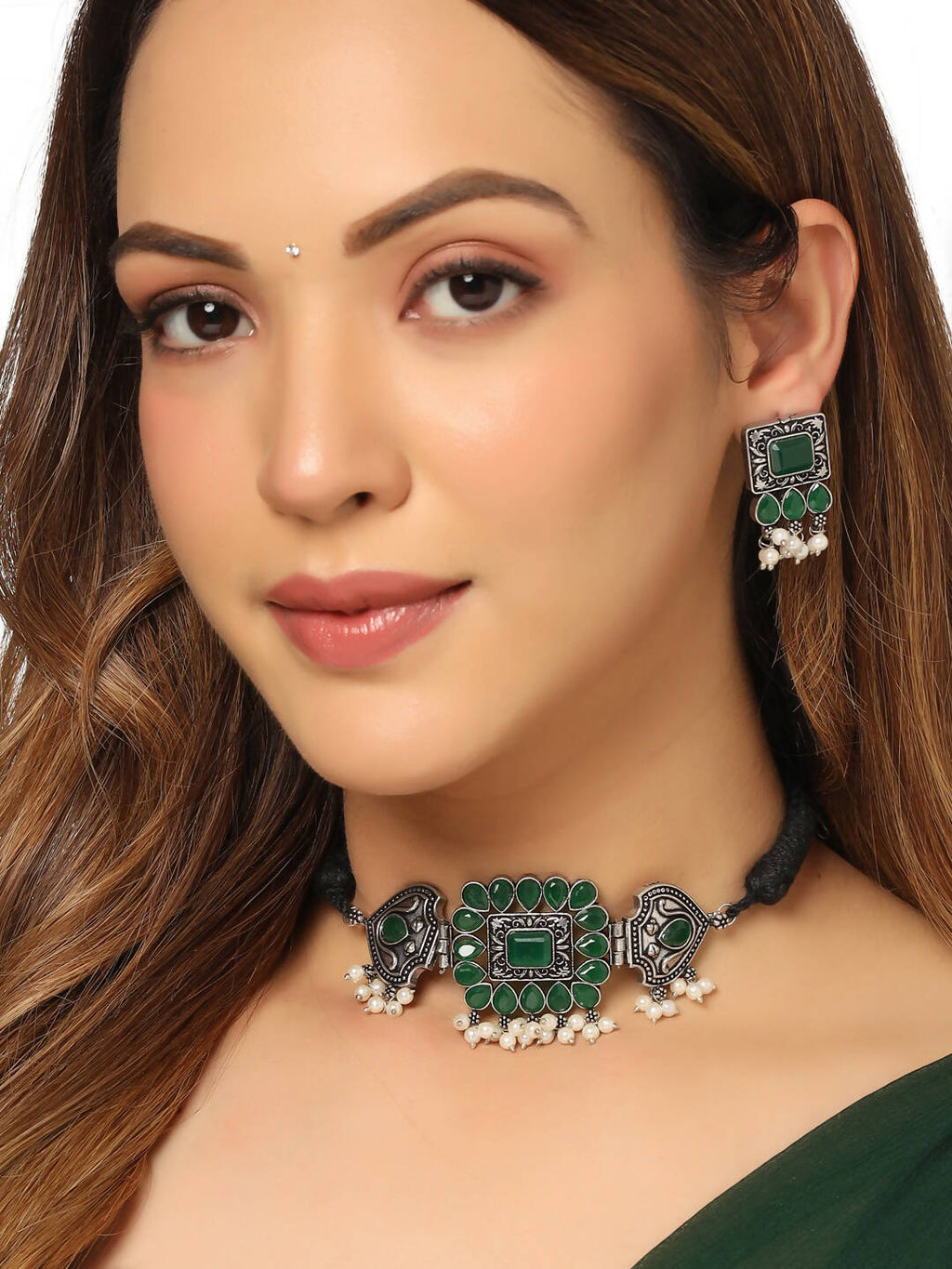 NVR Women's Oxidised Silver Plated Green Color Stone Jewellery Set With Earrings | Grocsy