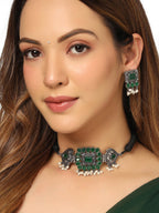 NVR Women's Oxidised Silver Plated Green Color Stone Jewellery Set With Earrings | Grocsy