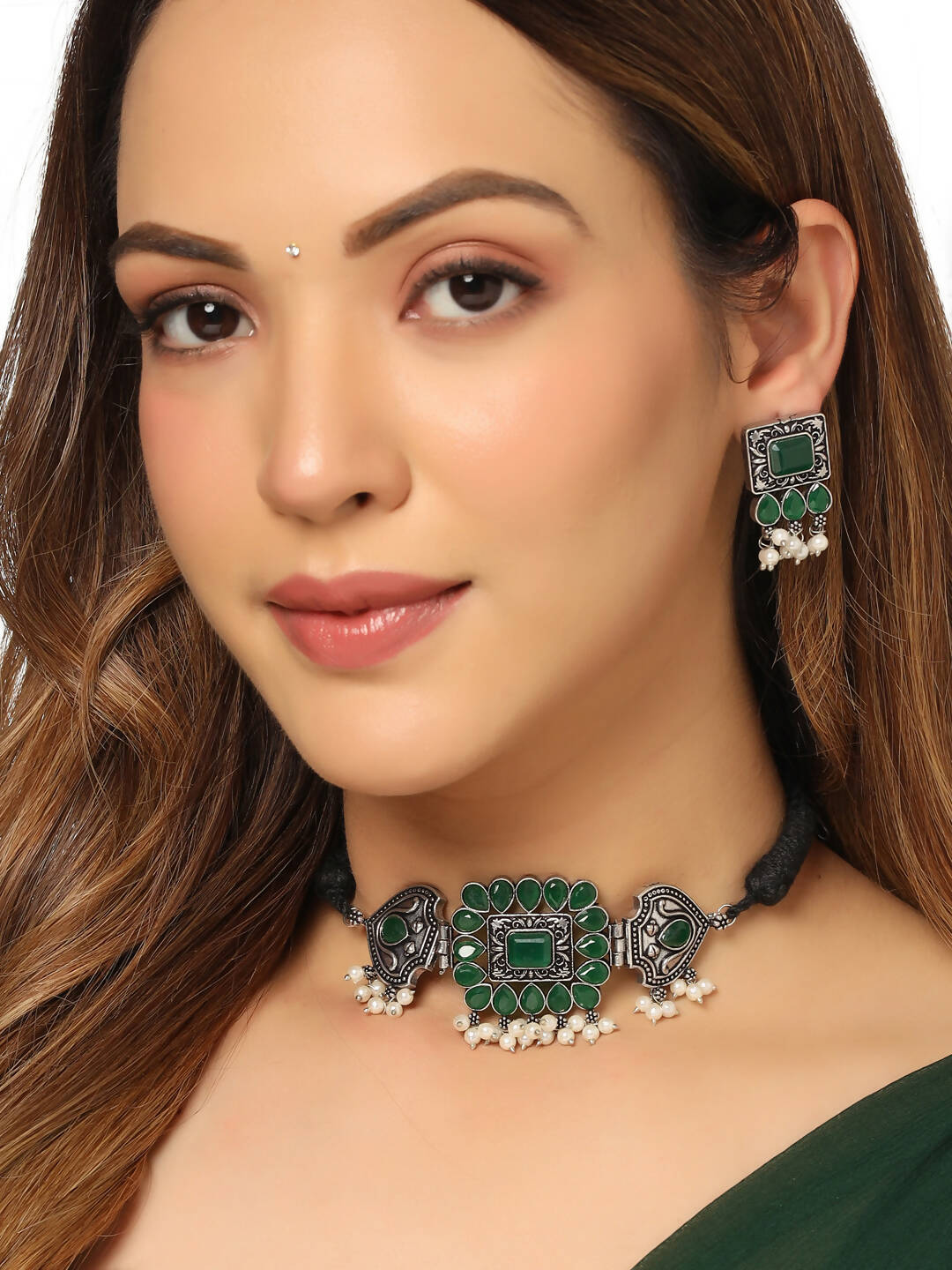 NVR Women's Oxidised Silver Plated Green Color Stone Jewellery Set With Earrings | Grocsy