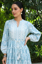 Juniper Women's Skyblue Rayon Floral Printed Short Tiered Dress | Grocsy