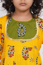 Little Bansi Girls Cotton Floral Kurta with Frill Sharara & Dupatta - Yellow & Green | Grocsy