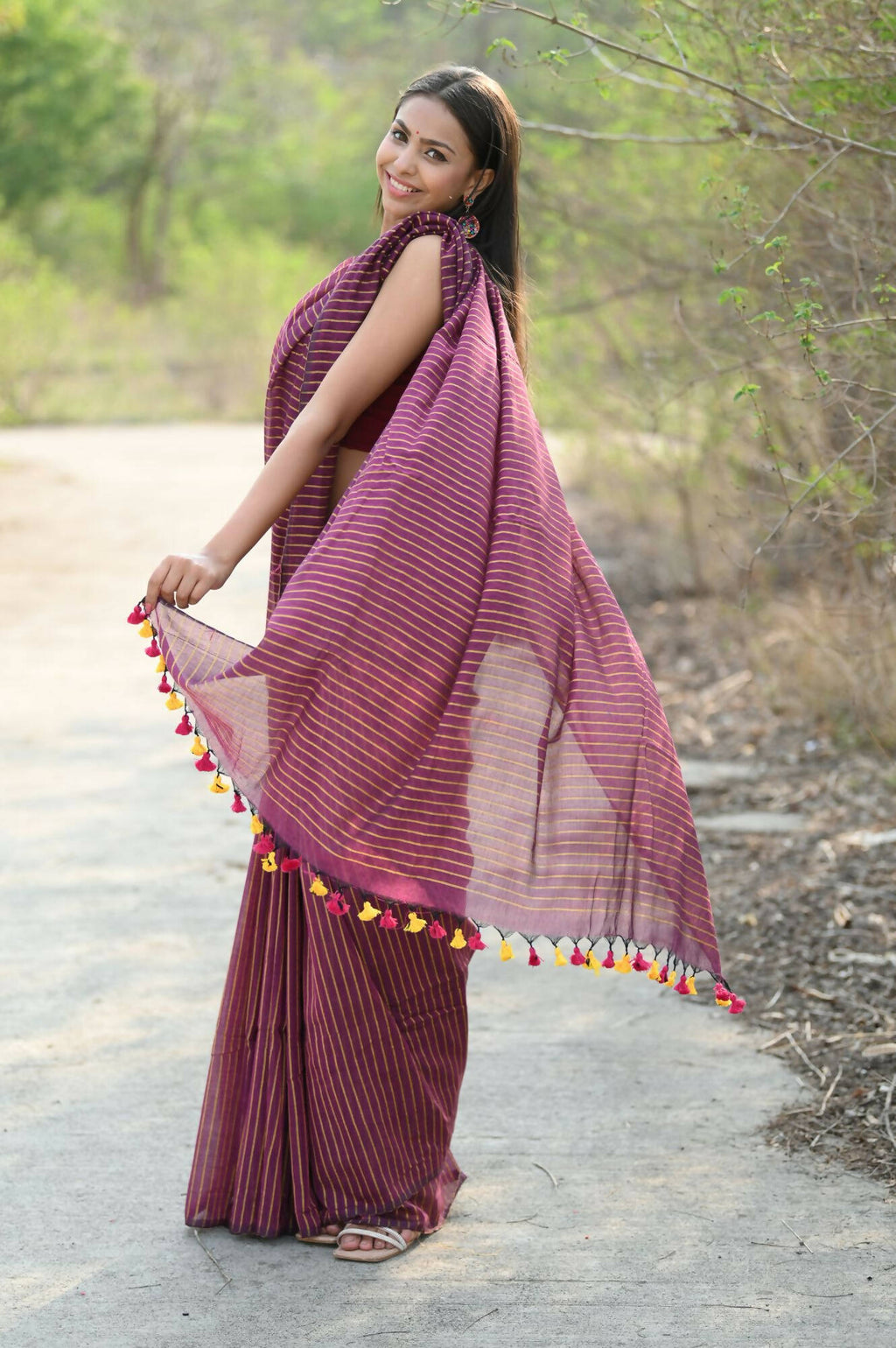Very Much Indian Designer Pure Cotton Saree With All Over Linear Stripes - Maroon | Grocsy