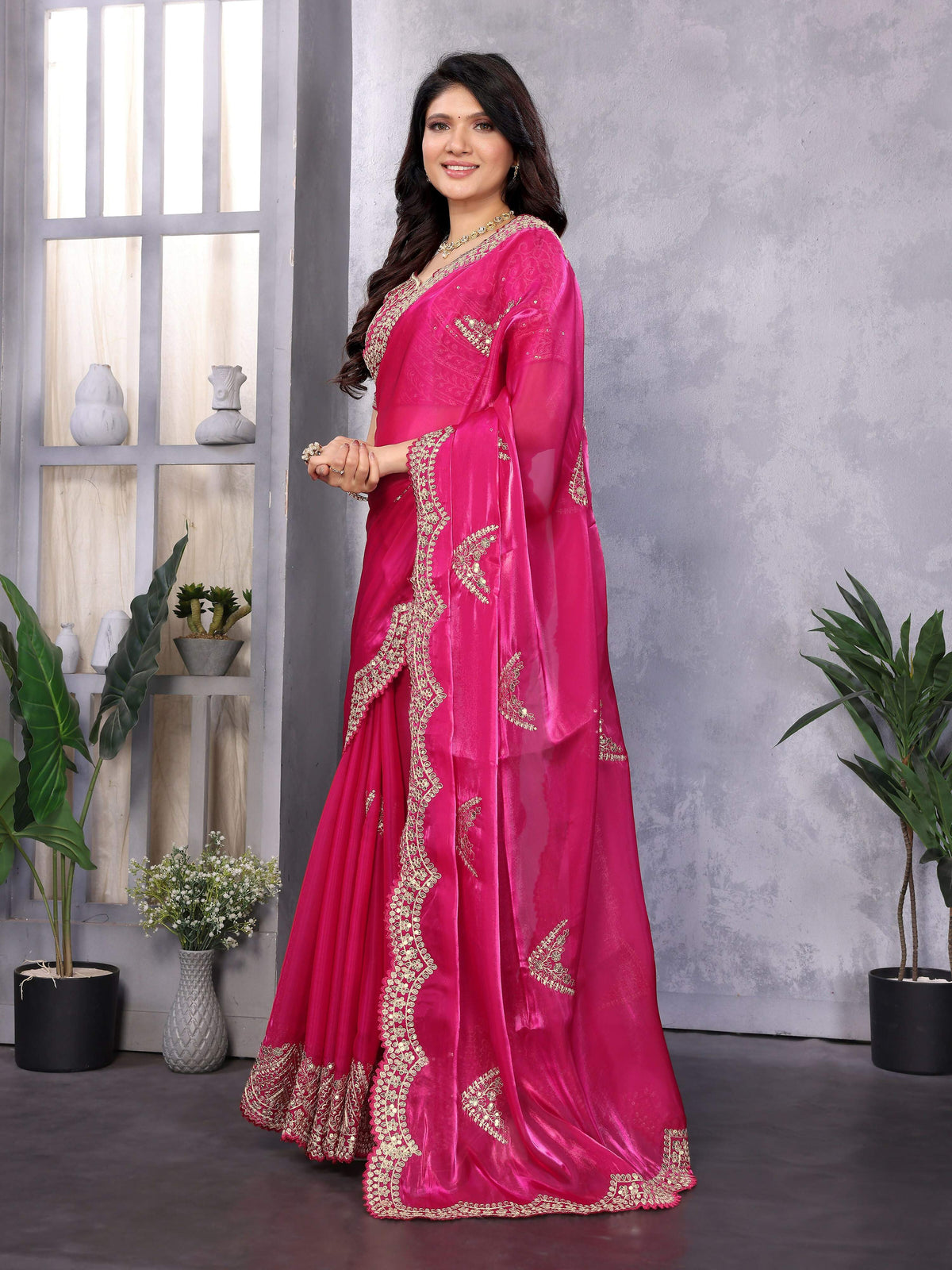 Vastranavya Pink Embroidery Work Shimmer Chiffon Saree with Unstitched Blouse | Grocsy