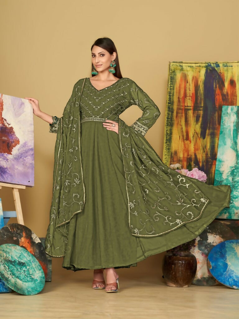 Jyoti Fashion Women's Olive Green Georgette Embroidered Anarkali Kurta Pant Set With Dupatta | Grocsy