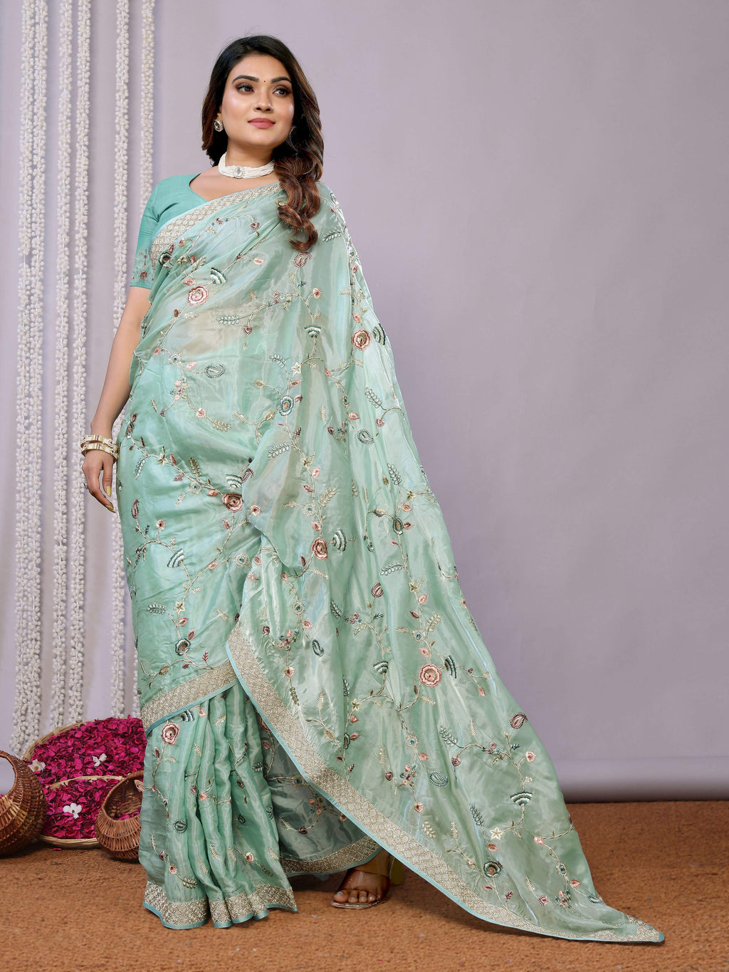 Blue Satin Silk Embroidered Saree With Stitched Blouse - Nimaya Kaksha | Grocsy