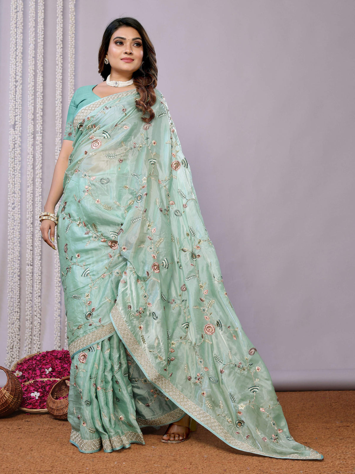 Blue Satin Silk Embroidered Saree With Stitched Blouse - Nimaya Kaksha | Grocsy