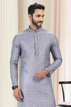 Raivat Ethnic Cotton Thread Work Kurta Pajama In Grey Colour | Grocsy
