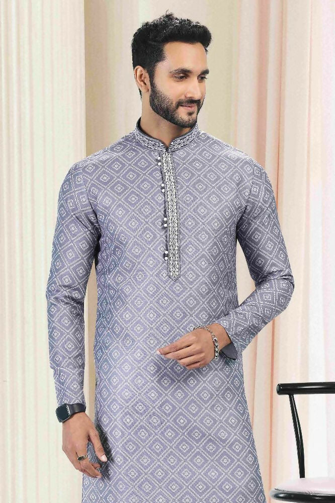 Raivat Ethnic Cotton Thread Work Kurta Pajama In Grey Colour | Grocsy