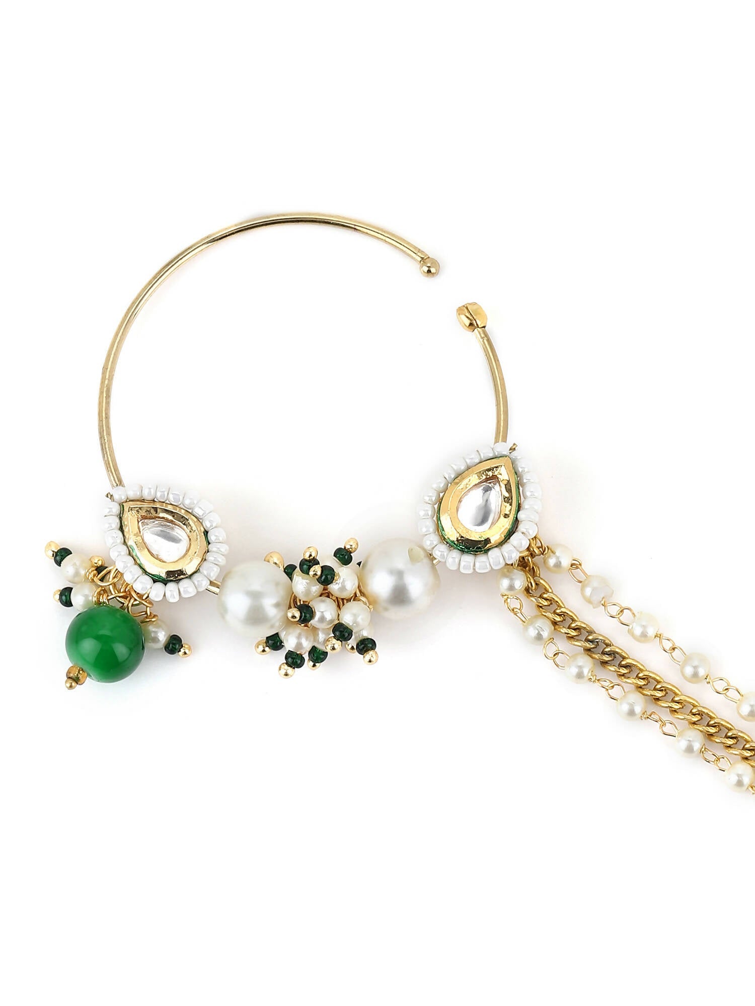 Gold-Polished White Green Kundan-Studded Pearl Beaded Nosepin - Ruby Raang | Grocsy