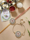 NVR Women & Men Set of 2 Gold Kundan-Studded Bhaiya Bhabhi Rakhi Set With Roli Chawal & Chocolate | Grocsy