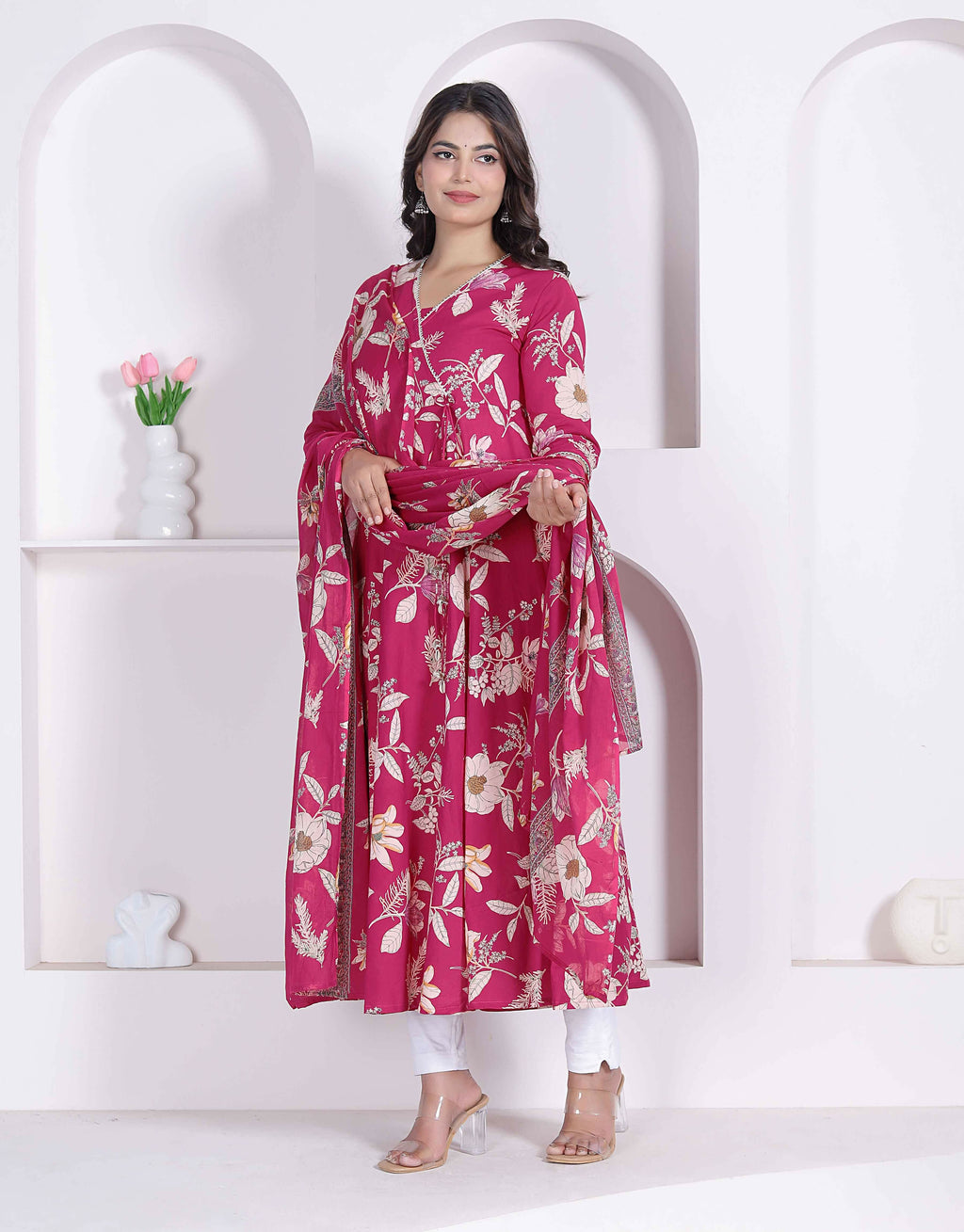Miravan Womens Pink Floral Printed Angrakha Kurta With Dupatta | Grocsy