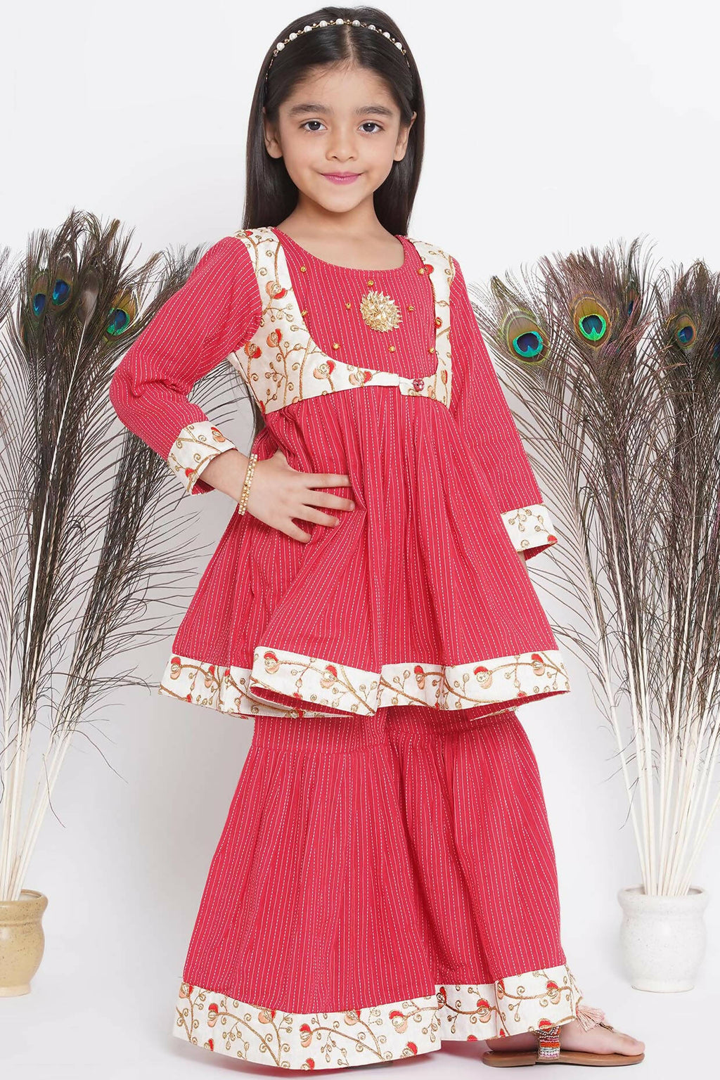 Little Bansi Floral Embroidery Jacket With Cotton Kantha Frock Sharara And Dupatta With Ghungroo Handwork - Red | Grocsy