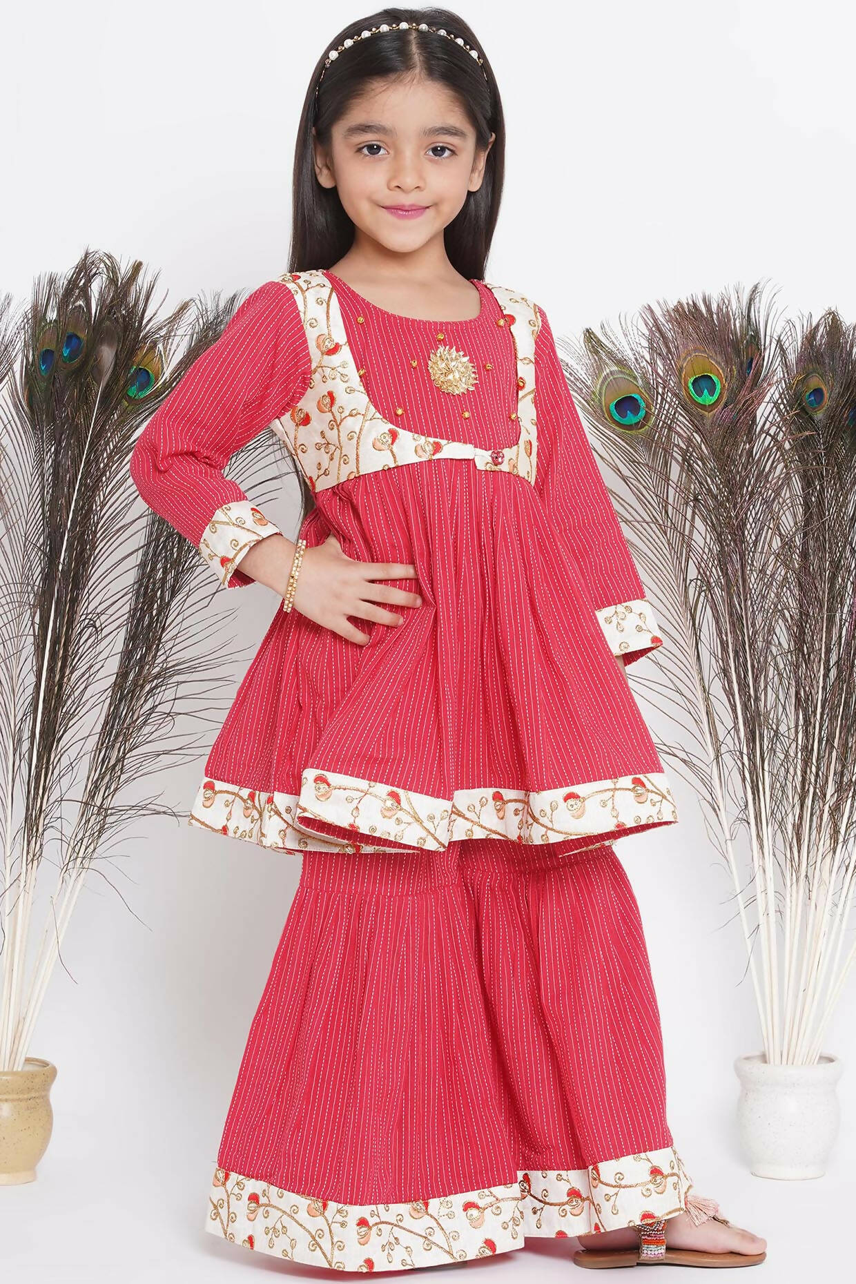 Little Bansi Floral Embroidery Jacket With Cotton Kantha Frock Sharara And Dupatta With Ghungroo Handwork - Red | Grocsy
