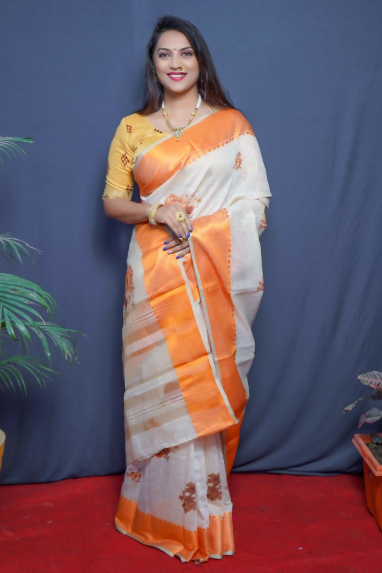 Jyoti Fashion Women's Orange Linen Silk Digital Print with Jacquard Woven Border Saree with Blouse | Grocsy