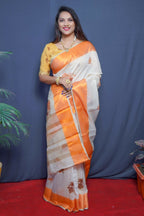 Jyoti Fashion Women's Orange Linen Silk Digital Print with Jacquard Woven Border Saree with Blouse | Grocsy