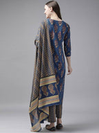 Yufta Women Blue and Red Ethnic Motifs Pure Cotton Kurta with Trouser and Dupatta | Grocsy