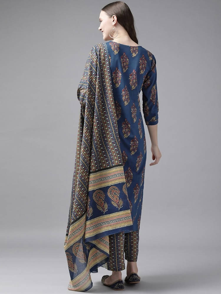 Yufta Women Blue and Red Ethnic Motifs Pure Cotton Kurta with Trouser and Dupatta | Grocsy