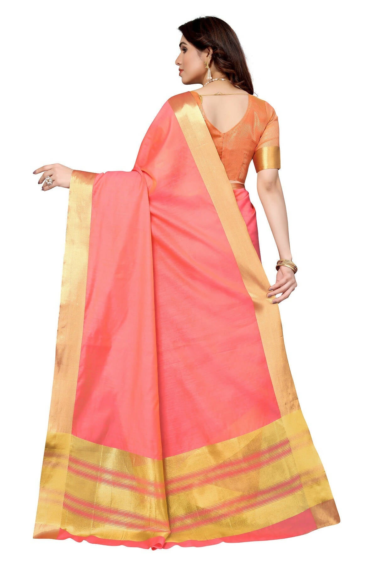 Vamika Peach Cotton Polyester Silk Weaving Saree | Grocsy