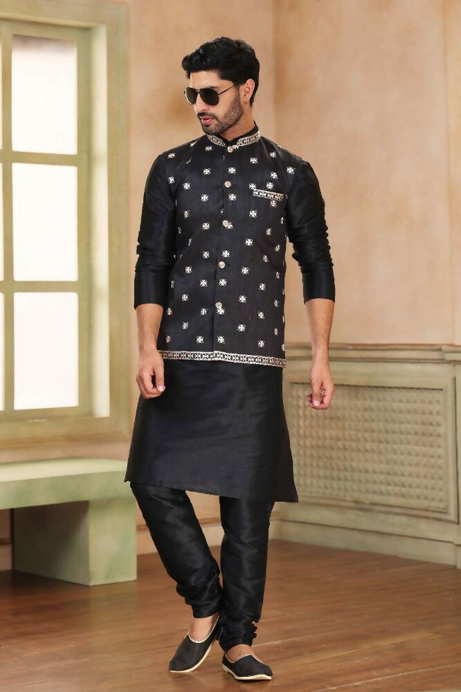 Raivat Ethnic Jacquard Banarasi Silk Woven Work 3 Pics Jacket Set In Black Colour | Grocsy