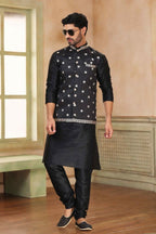 Raivat Ethnic Jacquard Banarasi Silk Woven Work 3 Pics Jacket Set In Black Colour | Grocsy