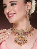NVR Women's Gold-Polished Pink Stone Studded Lakshmi Temple Jewellery Set | Grocsy