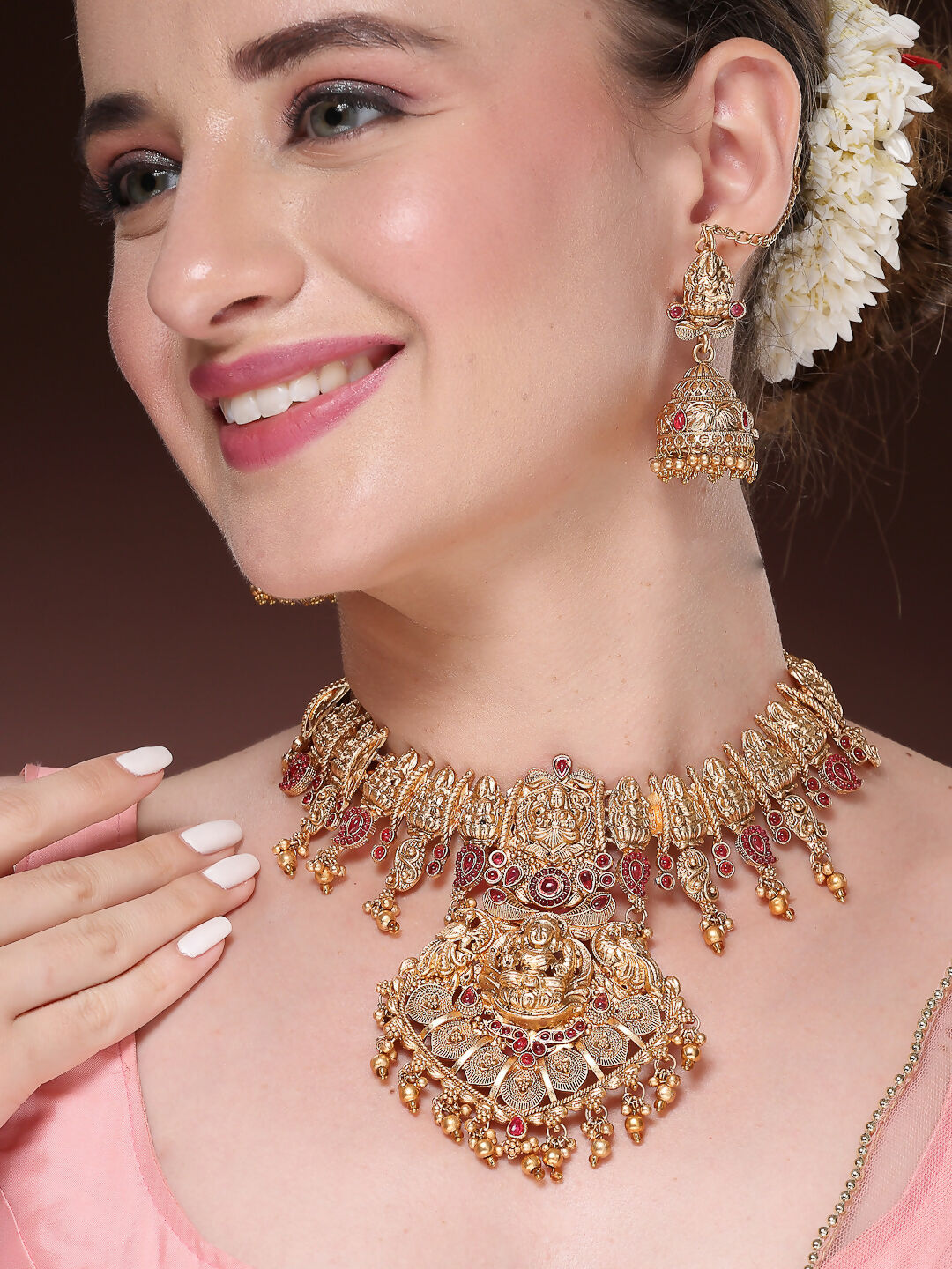 NVR Women's Gold-Polished Pink Stone Studded Lakshmi Temple Jewellery Set | Grocsy