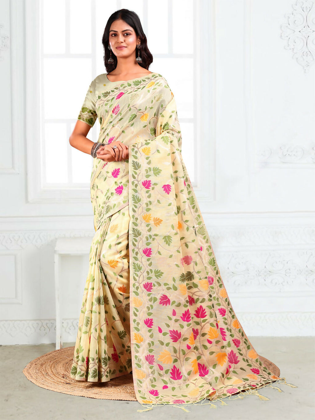 Shree Shyam Fashion Linen Cotton Off White Saree | Grocsy