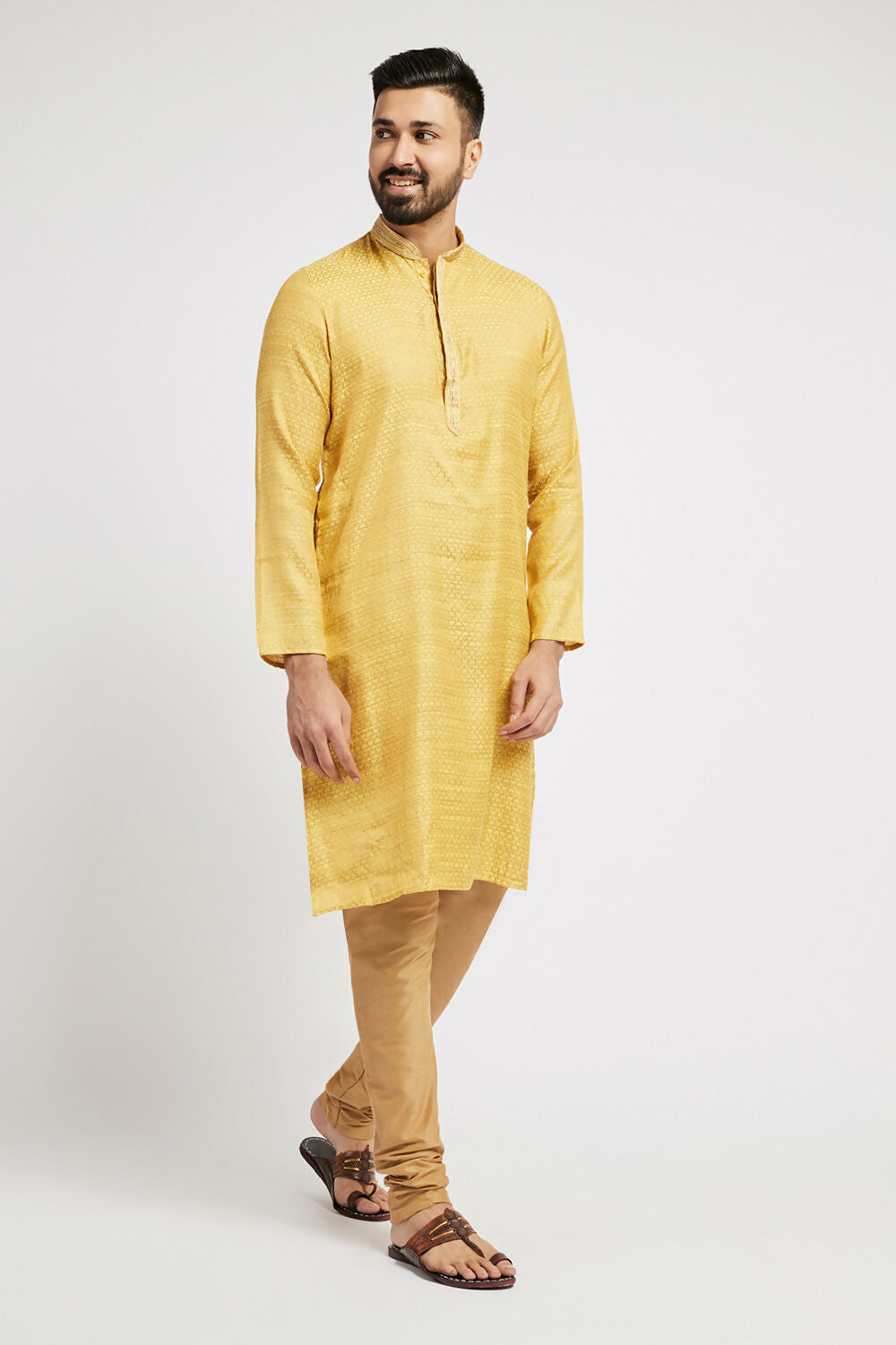 Ethnic India Yellow Men's Kurta Woven Design Polyester | Grocsy