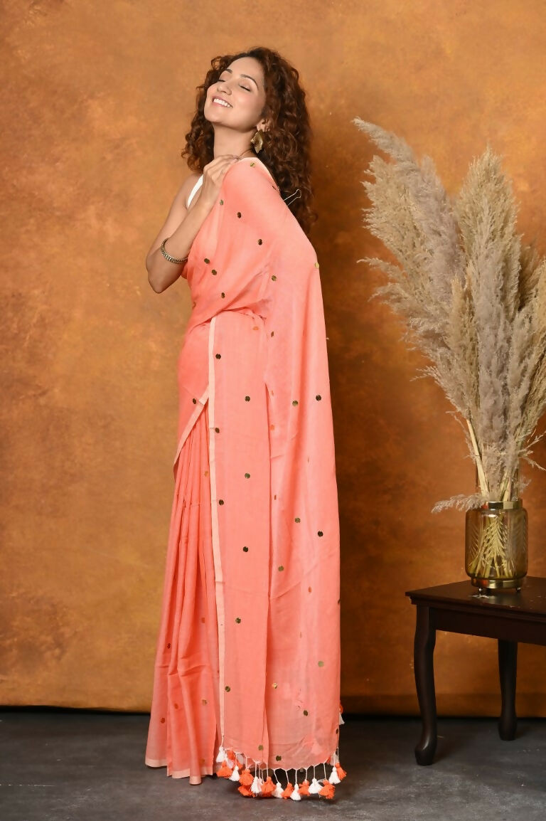 Very Much Indian Pure Mul Cotton Handloom Saree - Peach | Grocsy