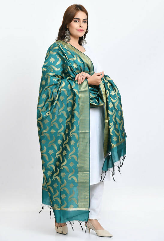 Mominos Fashion Moeza Women's Banarsi Silk Floral Woven Design Rama Green Dupatta | Grocsy