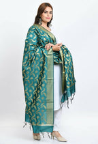 Mominos Fashion Moeza Women's Banarsi Silk Floral Woven Design Rama Green Dupatta | Grocsy