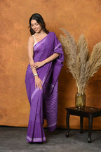 Very Much Indian Pure Cotton Handblock Printed Saree With Natural Dyes - Purple | Grocsy