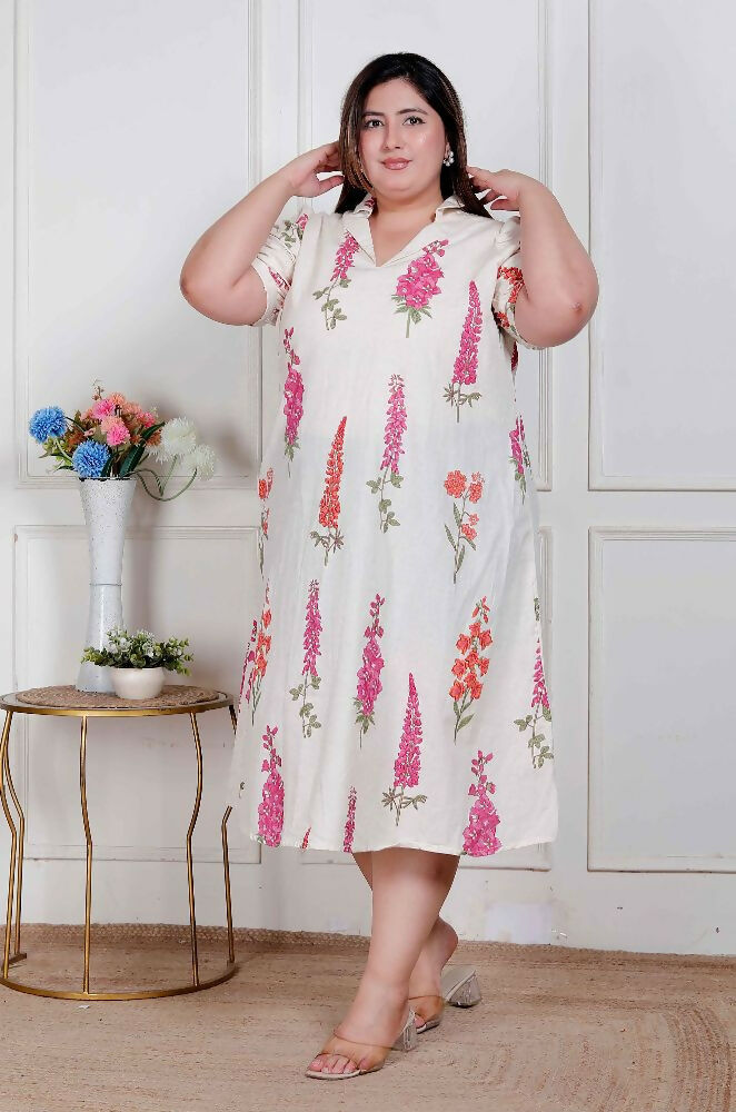 Miravan Plus Size Womens Off White Flower Printed Cotton Flex Maxi Dress | Grocsy