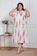 Miravan Plus Size Womens Off White Flower Printed Cotton Flex Maxi Dress | Grocsy