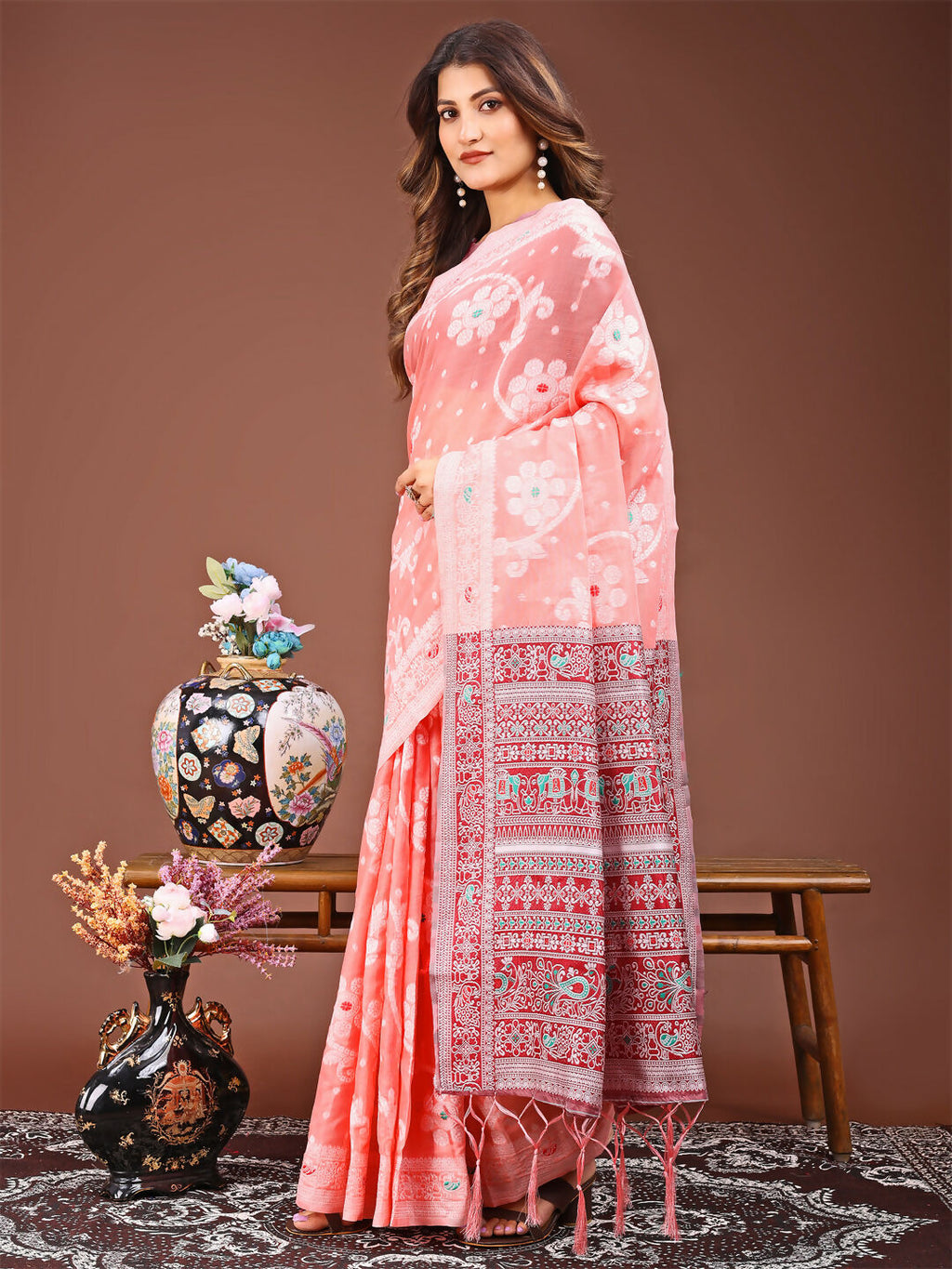 Shree Shyam Fashion Anaya Peach Linen Cotton Saree | Grocsy