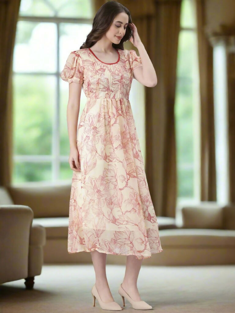 Souchii Cream & Red Floral Printed Fit & Flare Dress | Grocsy
