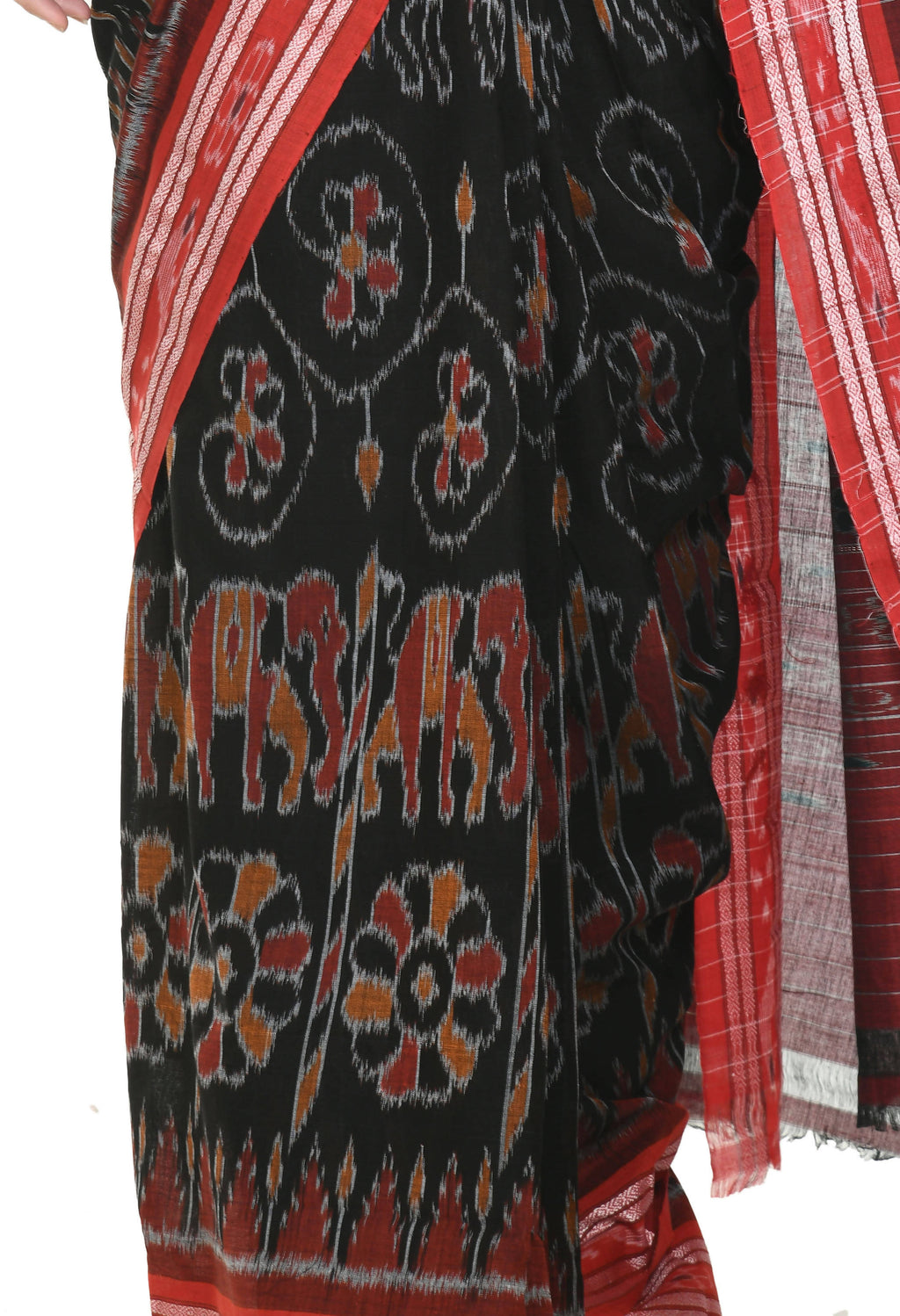 Vamika Sambalpuri Ikat Cotton Dehabandha Tribal Maroon & Orange Saree | Grocsy