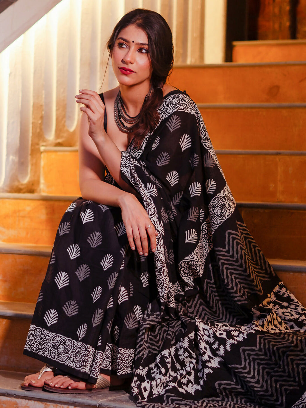 Zibaa Hand-Blocked Pure Mul Cotton Black Saree | Grocsy